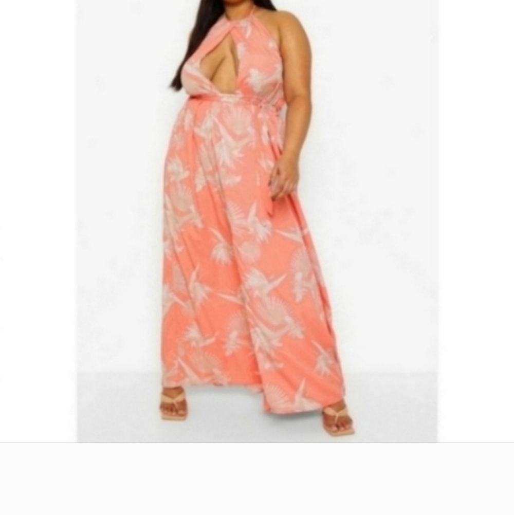 Boohoo Plus Coral Maxi Dress with White Palm Print